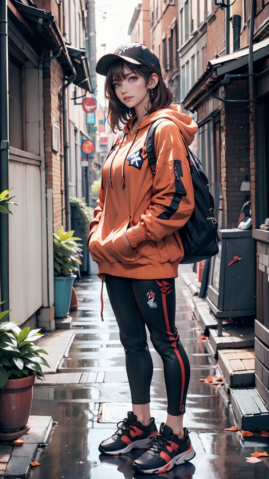 20-year-old Caucasian female、Red hair、Short Bob、Headphones、Camouflage pattern hoodie、New York Yankees Cap、Reach into your hoodie pocket、leggings、sneakers、An alley overflowing with trash、Leaning against the wall of a brick house、Look to the side、View your viewers