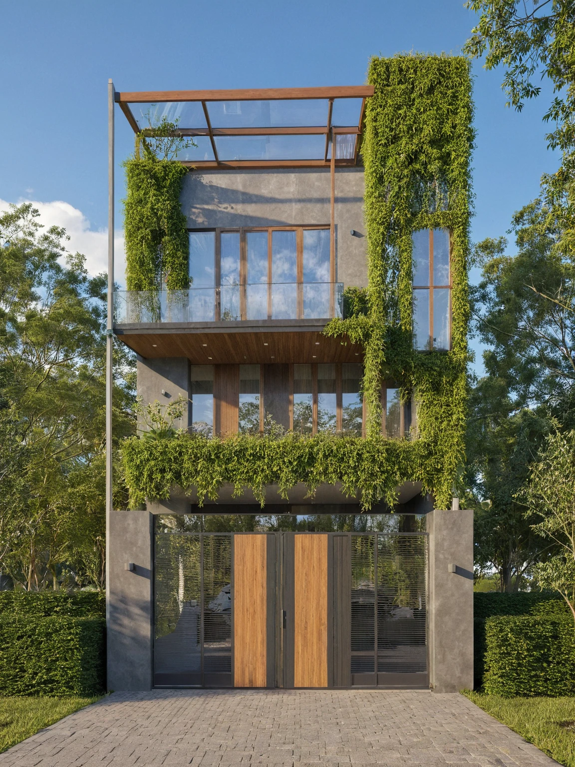 Raw photo,Masterpiece, high quality, best quality, authentic, super detail,
exterior, outdoors, house style modern on the street, glass windows, gate, wooden ceiling,
road,pavement, trees, sky, cloud, (daylight:1.1)
