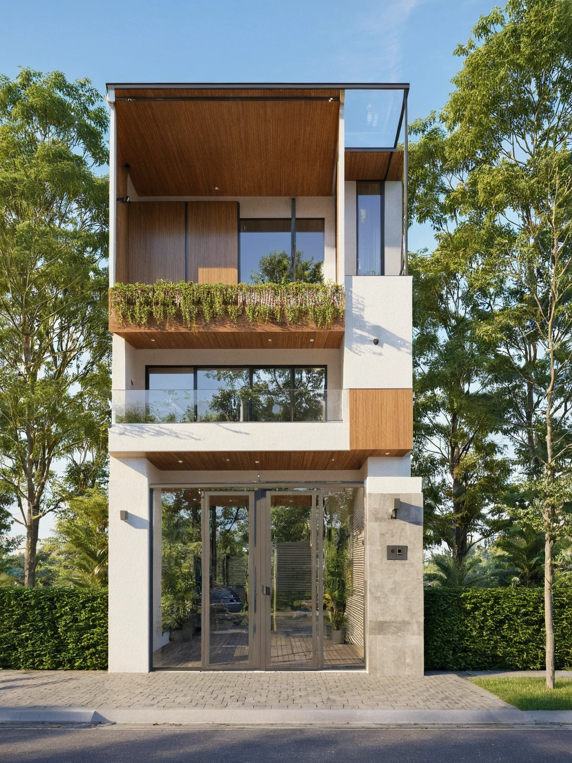 Raw photo,Masterpiece, high quality, best quality, authentic, super detail,
exterior, outdoors, house style modern on the street, glass windows, gate, wooden ceiling,
road,pavement, trees, sky, cloud, (daylight:1.1)