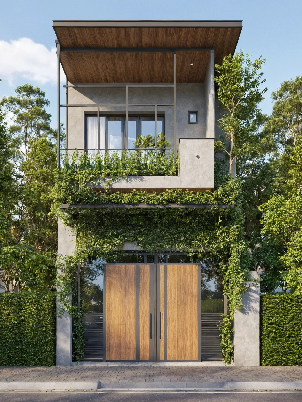 Raw photo,Masterpiece, high quality, best quality, authentic, super detail,
exterior, outdoors, house style modern on the street, glass windows, gate, wooden ceiling,
road,pavement, trees, sky, cloud, (daylight:1.1)