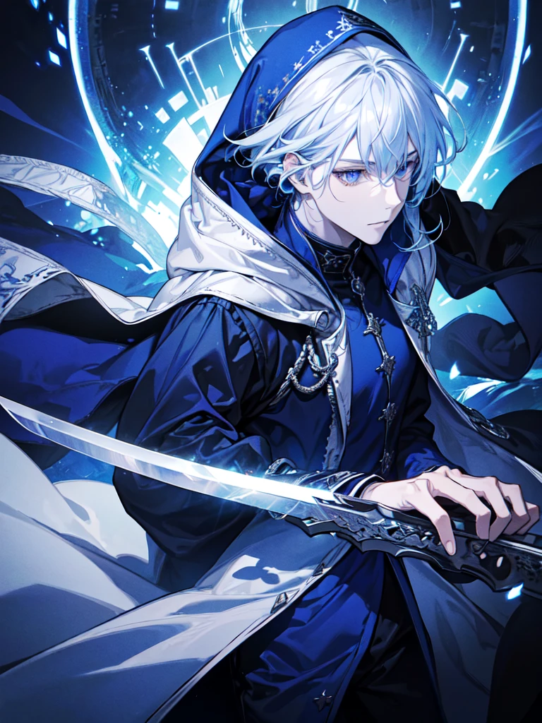 Wizard a young man, he has a silver hair and blue eyes, he wear a hood and wear gloves , hold sword with hand.
