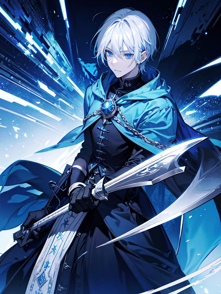 Wizard a young man, he has a silver hair and blue eyes, he wear a hood and wear gloves , hold sword with hand.