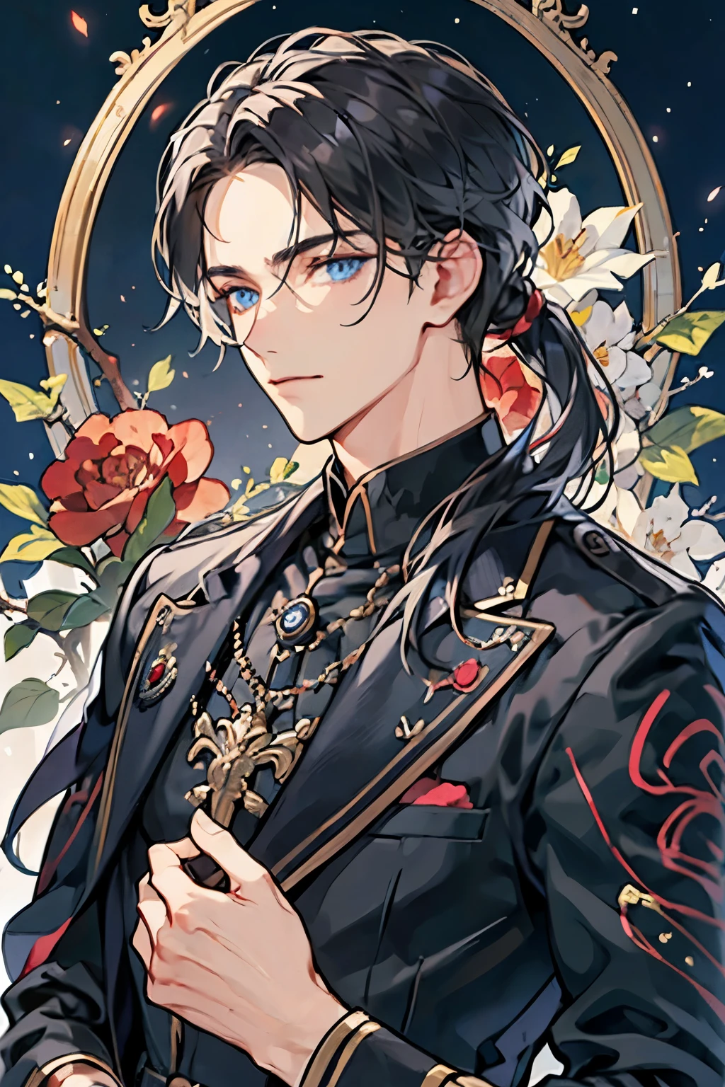 Masterpiece, high quality, Single male, Ethereal, strong, handsome, masculine, portrait, Russian, long wavy grey hair, NO bangs, show forehead, black skin, blue eyes, piercing eyes, colorful, blue colors, black colors, Spetsnaz uniform, military uniform, no accessories, The face is stern, arrogant, assertive, pomegranate in the background, night-time, pomegranate flower frame, Rich in color, close-up shot, bust photo, NO hands. Look at viewer.