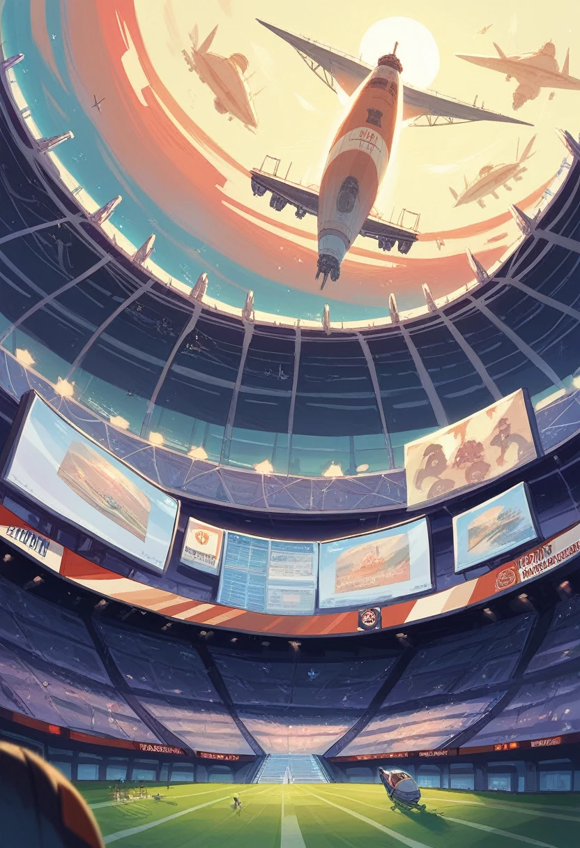 ８０Sci-fi anime of the 1980s,background,Stadium,Airship with advertising monitor,Searchlight,night,City
