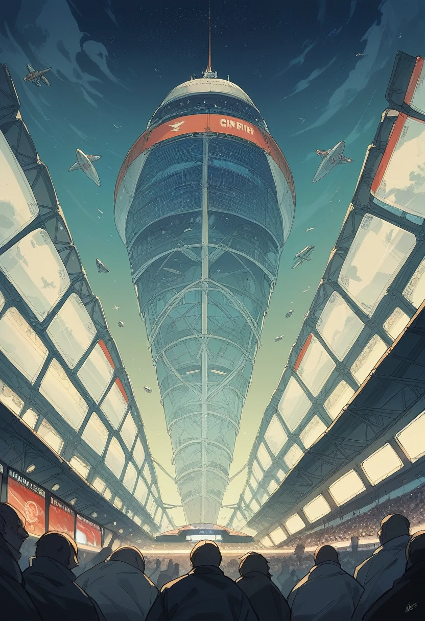 80Sci-fi anime of the 1980s,background,Stadium,Airship with advertising monitor,Searchlight,night,City