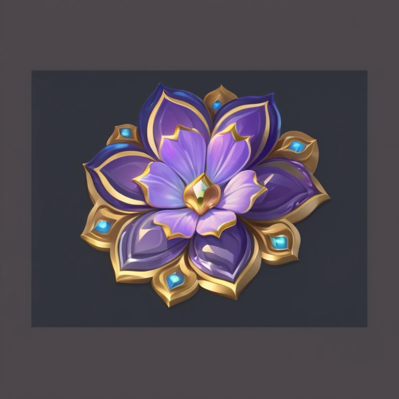 Purple flowers，Green flower center，Surrounded by gold and blue petals, Heart Stone original art style, Clematis themed logo, Capability Image, Stylized art, Floral Pattern, gem, Game Icon Assets, Glowing delicate flowers, Qatar, Alylia, Heart Stone, violet flower, Describing a flower, Astrie Lohne, Star-shaped alpine flower, Flower core
