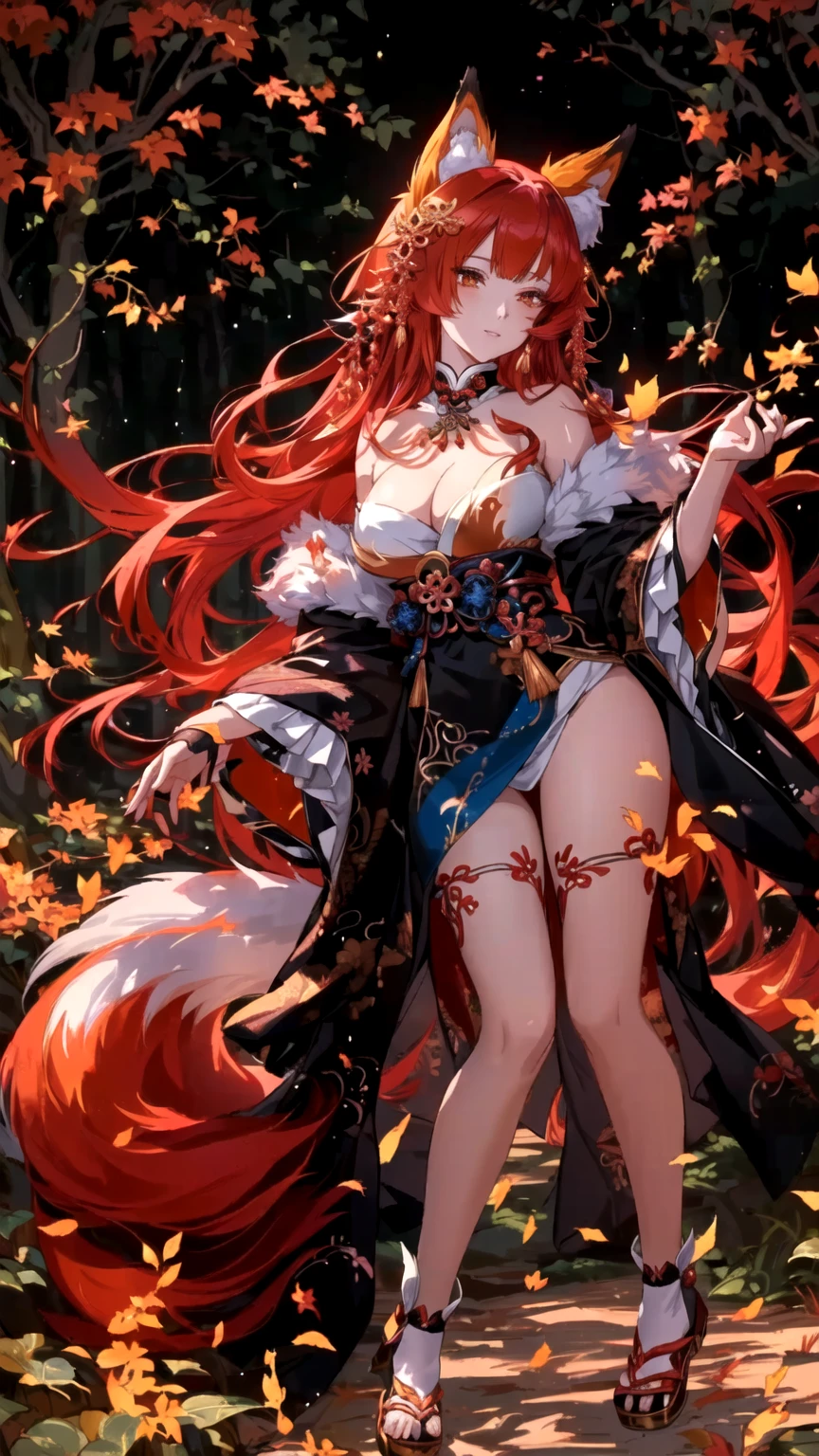 anime girl with red hair and a nine-fox tail standing in a forest, goddess of autumn, a beautiful fox lady, onmyoji detailed art, fire goddess, a beautiful kitsune woman, a beautiful sorceress, red-haired goddess, 8k high quality detailed art, beautiful sorceress, autumnal empress, trending on artstation pixiv