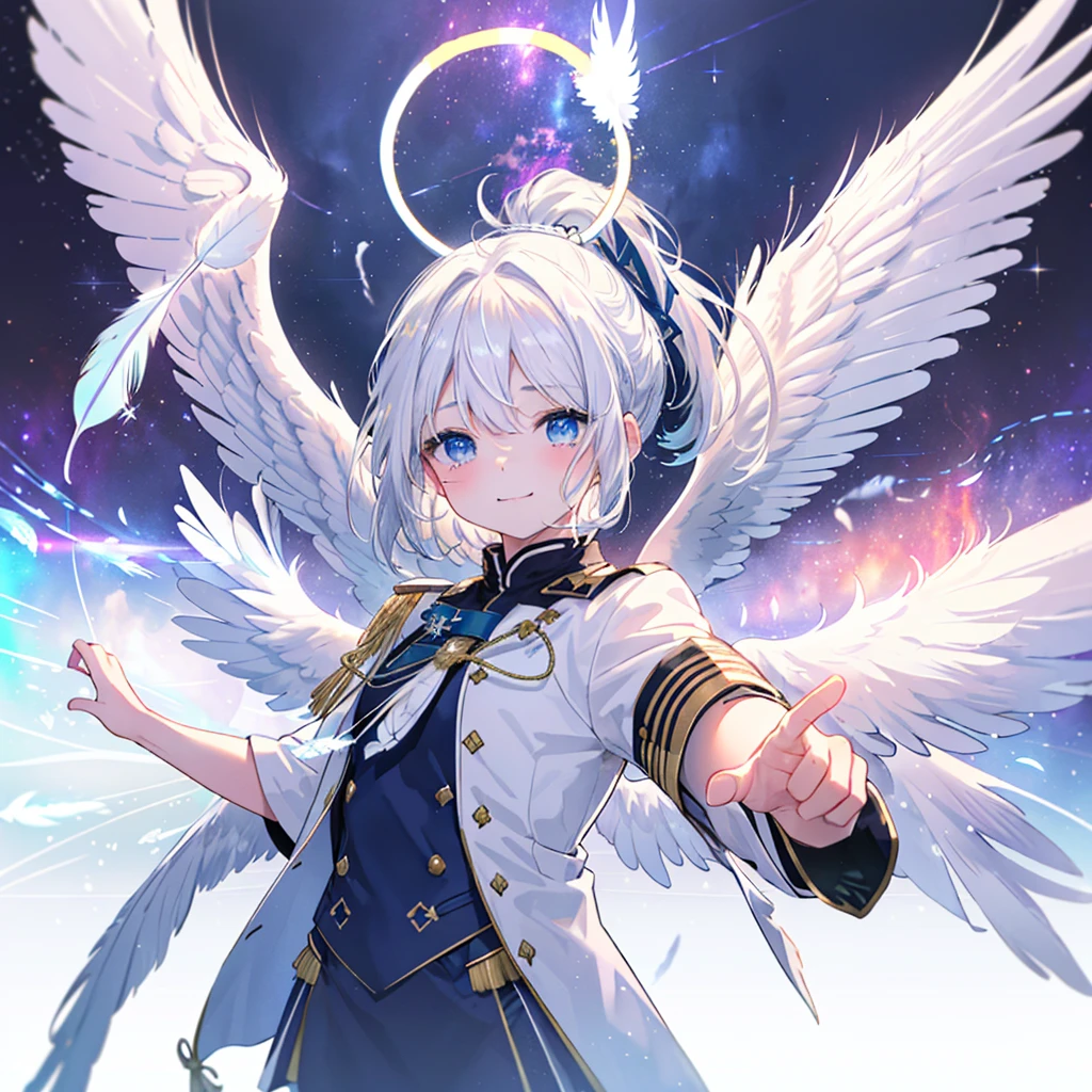 ((((Archangel、4Feathers、Angel Halo Galaxy Background)))) (((uniform White Hair、ponytail White skin、Neon blue eyes、Pop stareteors))) ((Pillar of Light)) (Tears smile) Shining Edge、Shining Background