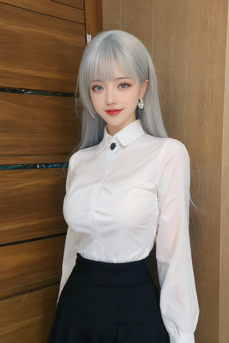 4k ultra high definition、best quality, masterpiece, ultra-high resolution, (Reality: 1.4), 1 girl, Thin hair、My cosmetics), ((Redish skin,Light skin、Realistic skin texture、Smooth and beautiful skin、Bright skin and luminous)), (panorama:1.8)(masterpiece, best quality, Very detailed, Best shadows), (Detailed background), (Beautiful and smooth face), High contrast, (Optimal lighting, Very smooth), ((Bright )), Highly Detailed, Dramatic Light, Intricate Details, Sharp face, Hair between the eyes), (broken glass), standing, (Viewing viwer:1.5), long hair, white hair, (hair ornament:1.3), jewelry, Earring, One eye is covered by hair, Bangs, blue eyes, Double eyelids, blush, flushed cheeks, smile, (Shirts:1.3), (white shirt), (pencil skirts), (Long sleeve), (Black skirt), (upper body:1.5),