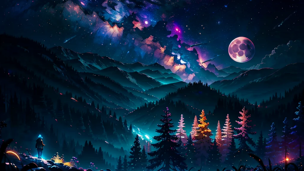 Vast landscape photography, (View from below。I can see the sky and the wilderness below.), Standing in a flower garden and looking up, (full moon: 1.2), (shooting star: 0.9), (nebula: 1.3), Distant Mountain, Treebreak Production Art, (Warm light source: 1.2), (fire Fly: 1.2), lamp, Purple and Orange, Intricate details, Volumetric Lighting Break (masterpiece: 1.2), (Highest quality ), 4K, Very detailed, (moving composition: 1.4), Extremely detailed and colorful (Iridescent: 1.2), (Sparkling Lights, Atmospheric lighting), dream-like, Magic, (alone: 1.2)