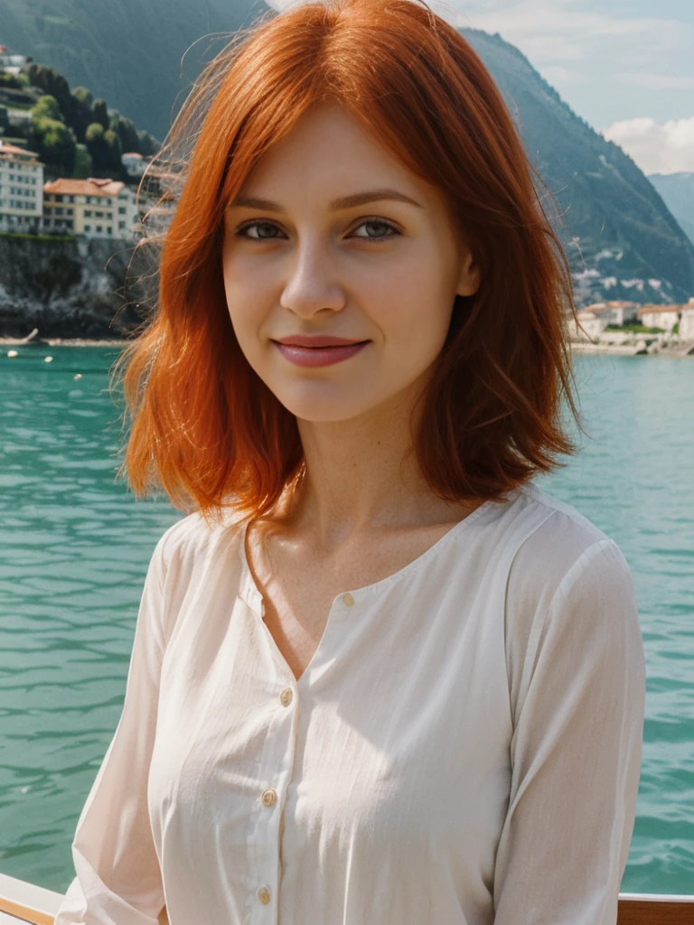 Emily Richardson, 1girl, solo, (((consistent face and image))), ((red hair)), ((20 years old)), realistic, photorealistic, (red ((cranky)) hair), short hair, (((Caucasian mature woman))), (Swiss woman), (Swiss nose), (Swiss thick lips), posing outside the French Riviera: Stunning coastal views, yachts, and beaches, smirking, standing