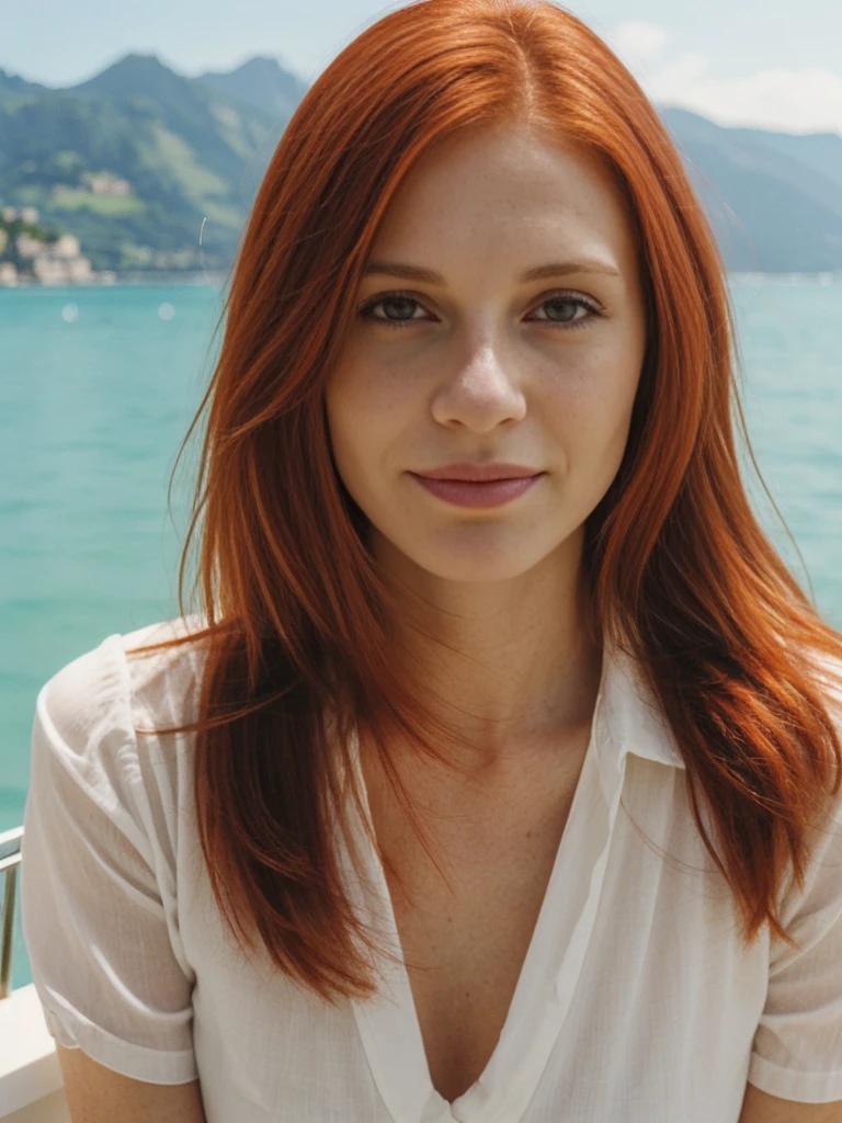 Emily Richardson, 1girl, solo, (((consistent face and image))), ((red hair)), ((20 years old)), realistic, photorealistic, (red ((cranky)) hair), short hair, (((Caucasian mature woman))), (Swiss woman), (Swiss nose), (Swiss thick lips), posing outside the French Riviera: Stunning coastal views, yachts, and beaches, smirking, standing