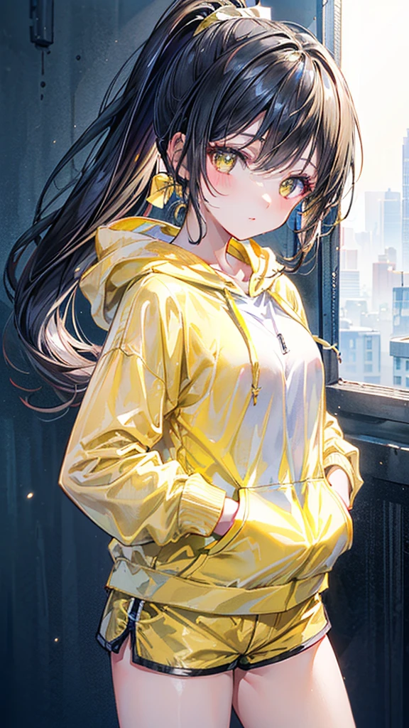 (Best quality, 8k, 32k, Masterpiece, UHD,:1.2),RAW, 1girl,ultra cute , natural lighting,transparent shining eyes, 20yo ,fair complexion, ((ponytail, yellow hoodie, short shorts)),  small breast, White Background, Closeup shot, 