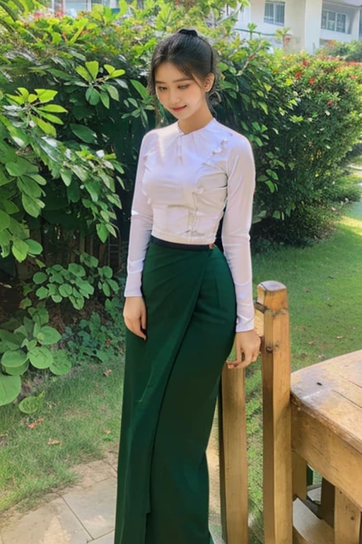 School teachers is 30years old.Tall, thin, big hips, big breasts, black hair, small lips, brown eyes, attractive, K.Top=white Burmese blouse,With long sleeves,Buttoned at the side.Bottom=(Dark green) long skirt.
Footwear=female Burmese sandals,The hair is knotted bun.