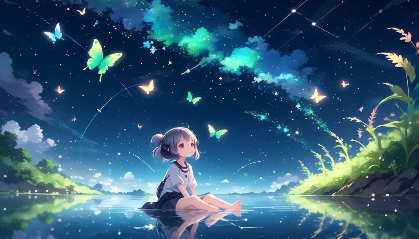 Cute girl characters、Depicts a scene of grassy butterflies flitting about lying on the surface of the water, Look up at the starry sky. Surround her with colorful nebulas and your favorite constellations。.