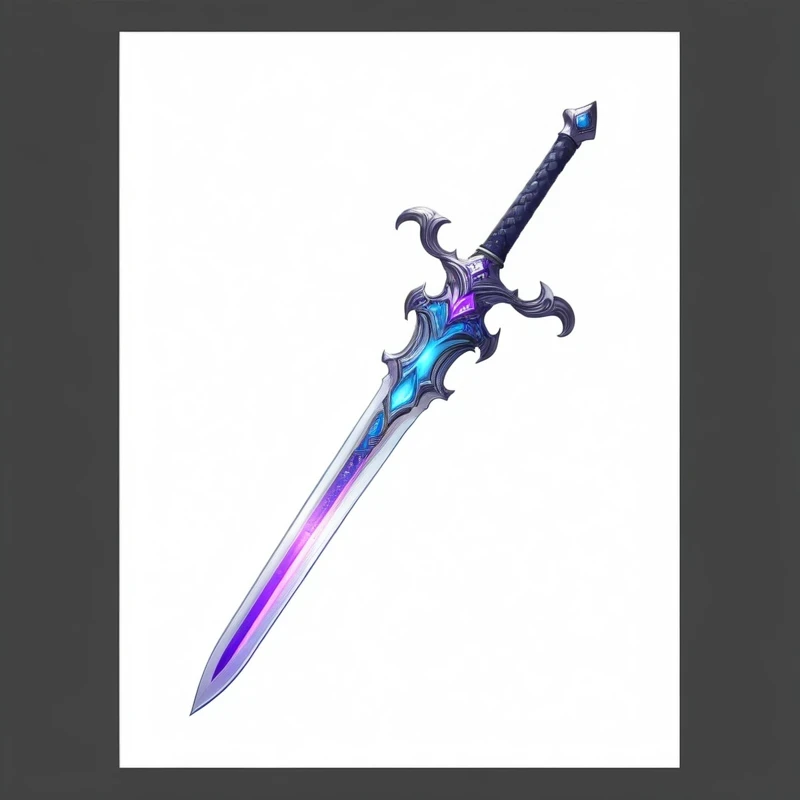 Close up of a sword with purple and blue patterns, Fantasy Sword, Sword Design, Magic Sword, Fantasy Blade, Shining Sword, Great Sword, Great Sword, Beautiful sword, Fantasy weapons, Fantasy RPG Weapon Art, Huge Ultra Great Sword, Great Sword, epic Fantasy weapons art, Role Playing Game Items, Magic Sword, Fantasy Sword of warrior, Glowing sword