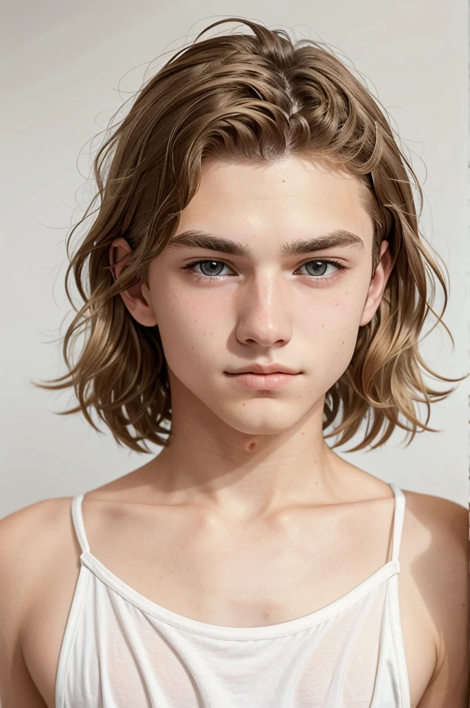 16-year-old male teenager, with very short, almost bald, wavy blonde hair, with white background, dark brown eyes, fair skin and light blonde eyebrows