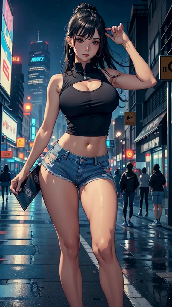 Best picture quality，High Detail，Higher quality，8K resolution，Ultra-high resolution，Full body shot，front，Exquisite facial features，Perfect face，beautiful girl，Zhongfa，Earrings，Looking at the audience，cute，Black Hair，Split，Navel，Black vest，Hot Girls，Pocket，Denim skirt，Card issuance，Black eyes，Lipstick，Nike sports shoes，Bangs，Perfect body，Playful，Long legs，Raise eyebrows，Strike a pose，Blue buds，City at night，Cyberpunk，