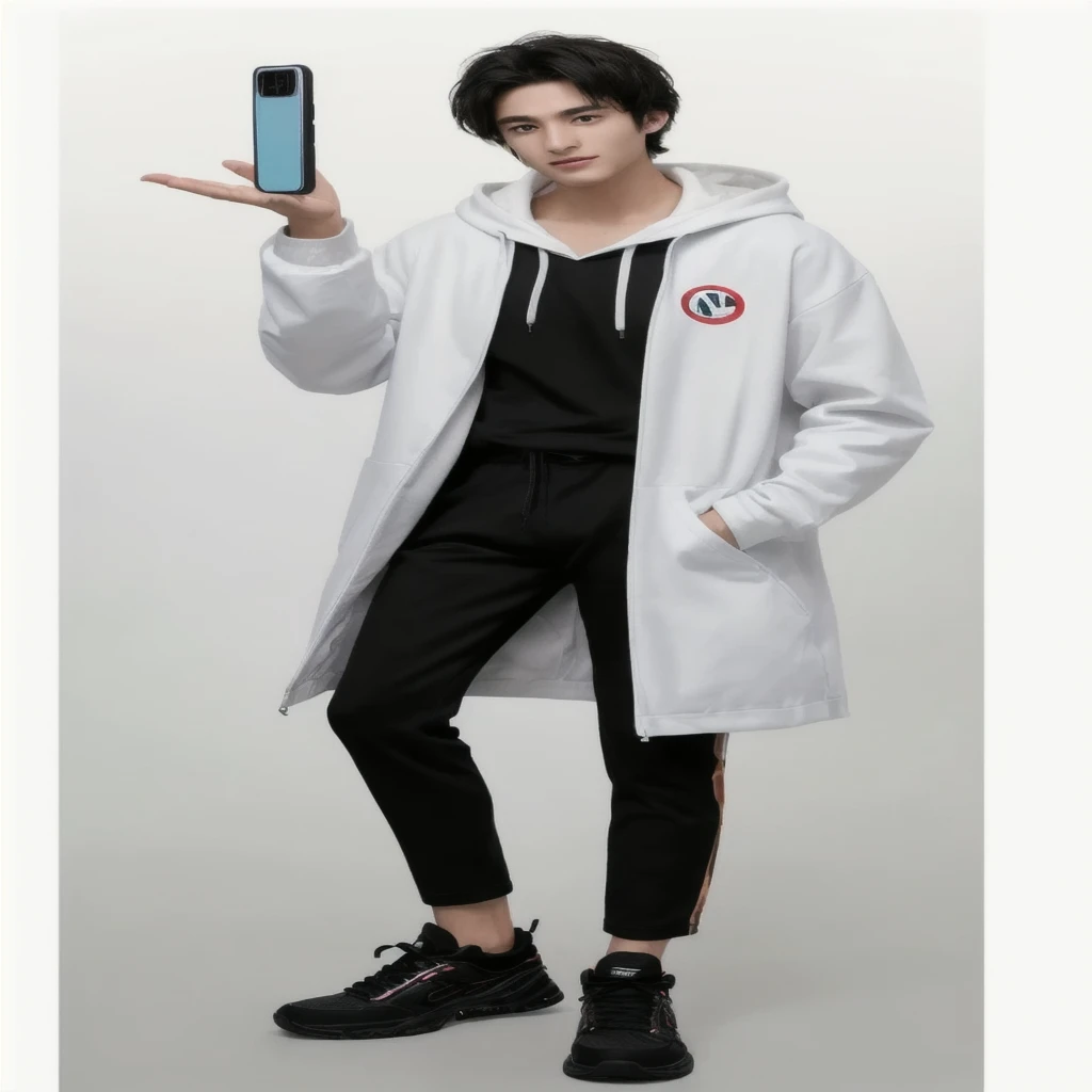 arafed man in a White coat holding a cell phone, White coat, On the tennis court, Wear athletics clothing, wearing a tracksuit, coat for a rave, White, Wearing a hoodie and sweatpants, Whites, wearing a White, White jacket, wearing a tracksuit, stylish coat for a rave, WhiteとTシャツ