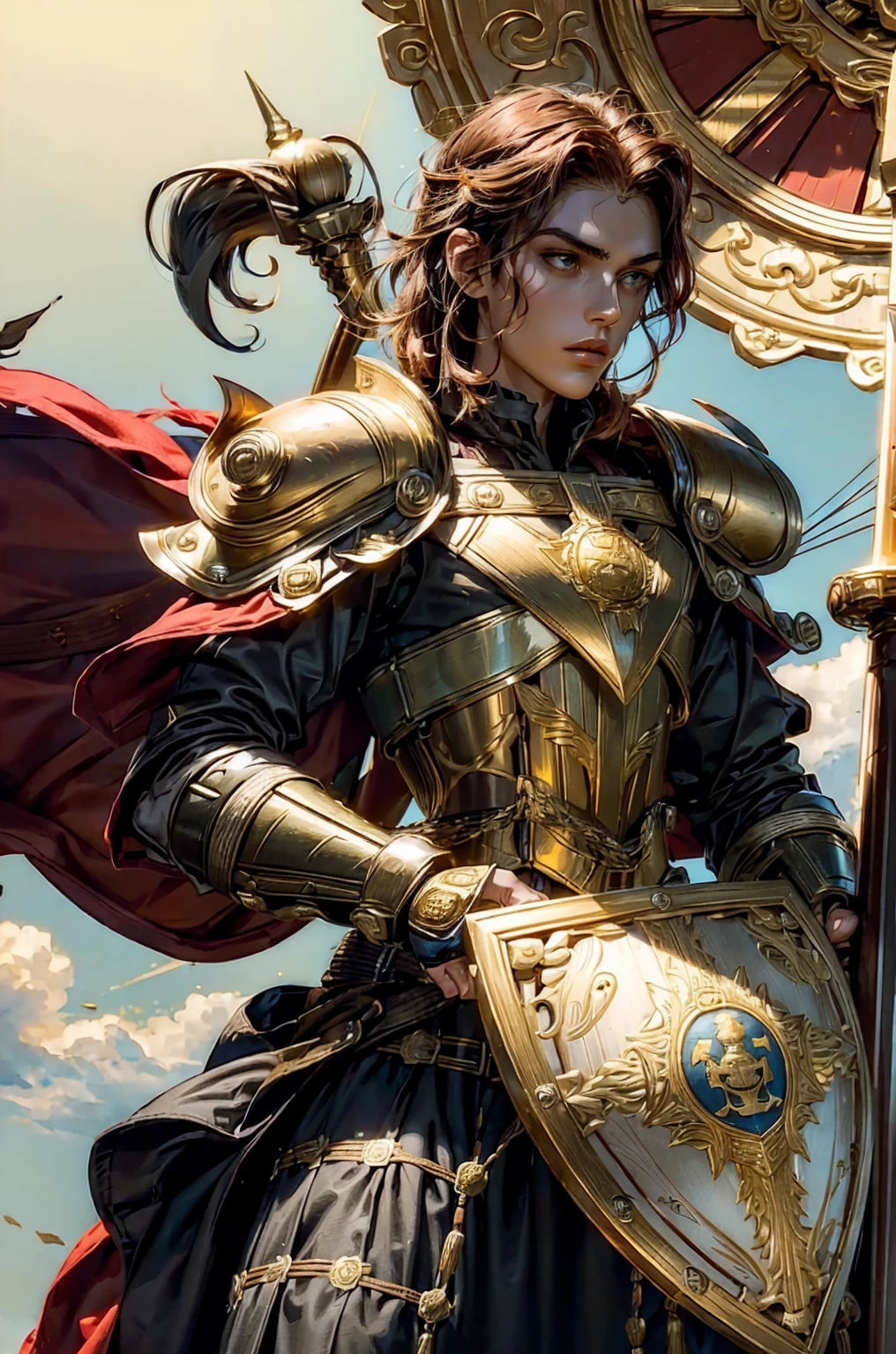 Holding a trangular kite shield with a painted emblem of a sword with a golden sunburns on the shield a Man with a Short military buzz cut hair. A man with Dark-hair, muscular, with a fierce severe serious expression on his face, a five-o-clock shadow of a beard on his face. He's a soldier in red gold and silver armor with a kite shield with an emblem of a sword with a sunburst behind it on a red background. With a golden lion pauldron on one shoulder