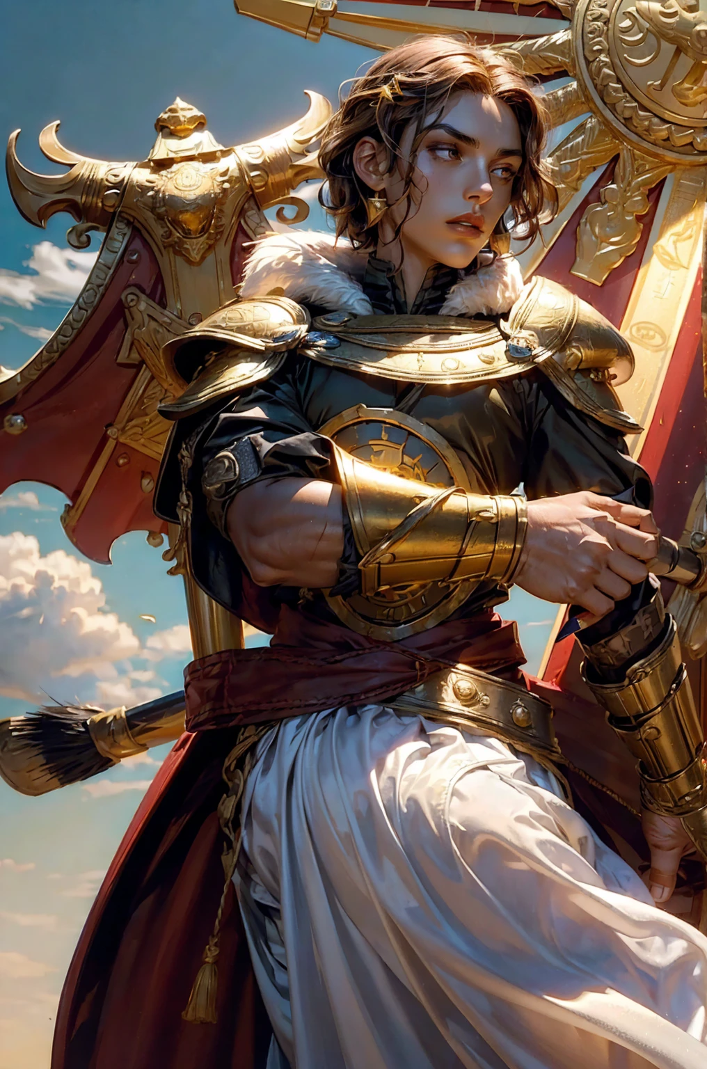 Holding a trangular kite shield with a painted emblem of a sword with a golden sunburns on the shield a Man with a Short military buzz cut hair. A man with Dark-hair, muscular, with a fierce severe serious expression on his face, a five-o-clock shadow of a beard on his face. He's a soldier in red gold and silver armor with a kite shield with an emblem of a sword with a sunburst behind it on a red background. With a golden lion pauldron on one shoulder