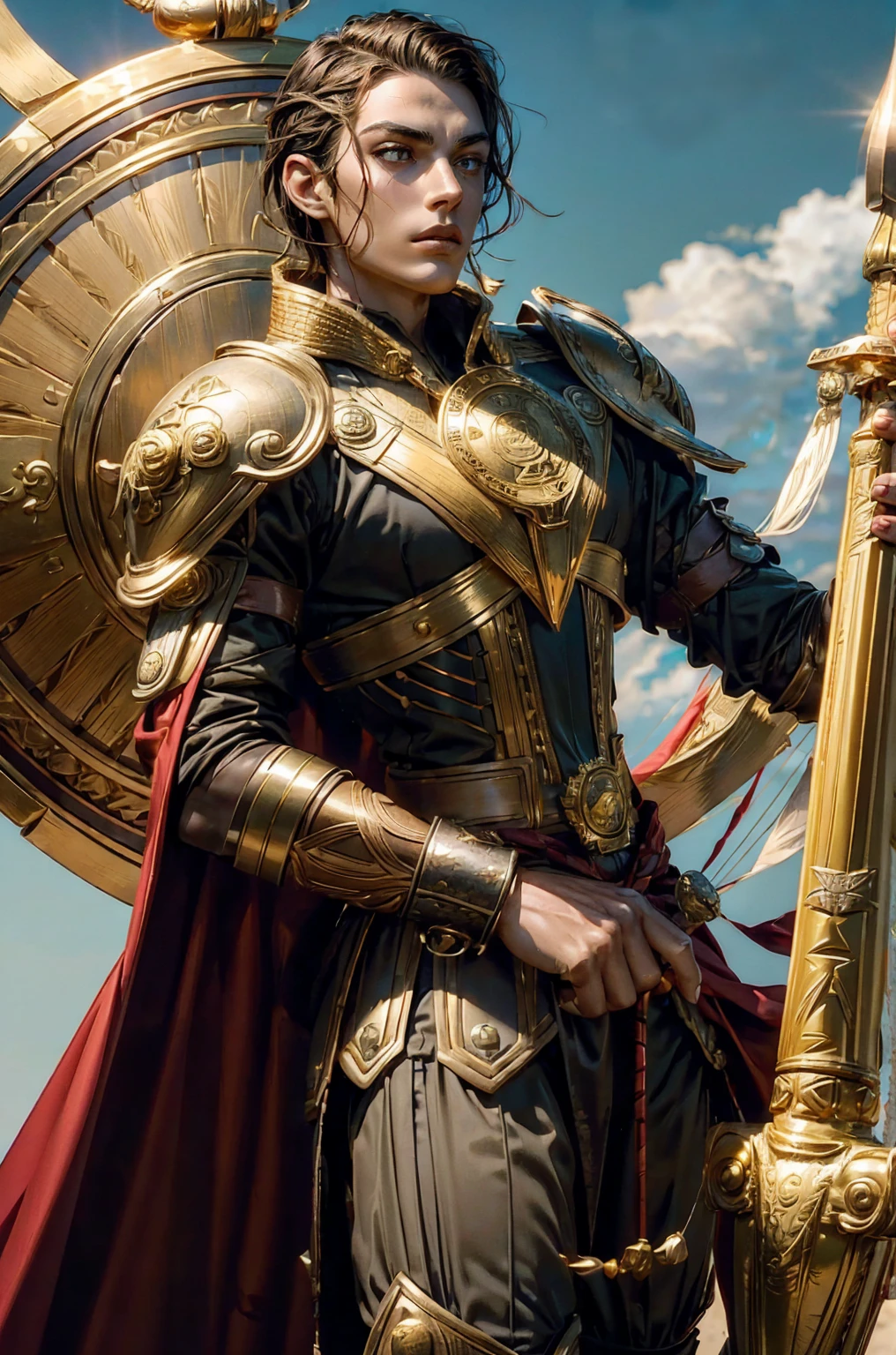 Holding a trangular kite shield with a painted emblem of a sword with a golden sunburns on the shield a Man with a Short military buzz cut hair. A man with Dark-hair, muscular, with a fierce severe serious expression on his face, a five-o-clock shadow of a beard on his face. He's a soldier in red gold and silver armor with a kite shield with an emblem of a sword with a sunburst behind it on a red background. With a golden lion pauldron on one shoulder