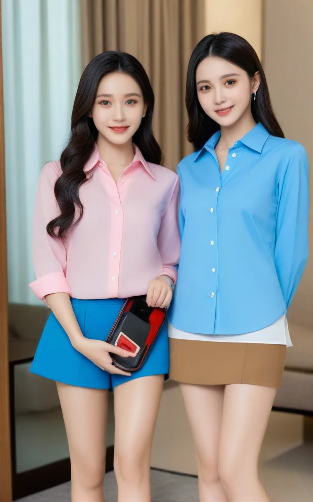 masterpiece、Two very beautiful sisters、Standing side by side in the living room at home、Delicate eyes、Black Hair、Detailed face、so beautiful、Cinema lighting、Great style、Realistic Skin、Perfect limbs、Tight waist、Perfect Anatomy、(Ideal body type)、Natural Makeup、Skin with attention to detail、Medium-long hairstyle、Neat clothes、One of them is wearing a red button-up shirt、One is wearing a light blue button-up shirt.、Elegance、Noble smile