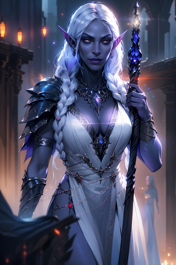 1girl, sexy drow, purple-blue skin, pale silver long elaborate braids, ((red eyes)), jewels, elf ears, earrings, ((white sorceress sexy dress)), ((wields staff)), ((cast light magic)), on a roof of scyscraper, athletic, volumetric lighting, best quality, masterpiece, realistic, anatomically correct, (strong cinematic lighting), stunning details, intricate details, 8k post-production, High resolution, super details, trending on ArtStation, sharp focus, depth of field f/1.8, studio photos, (((looking at camera)))