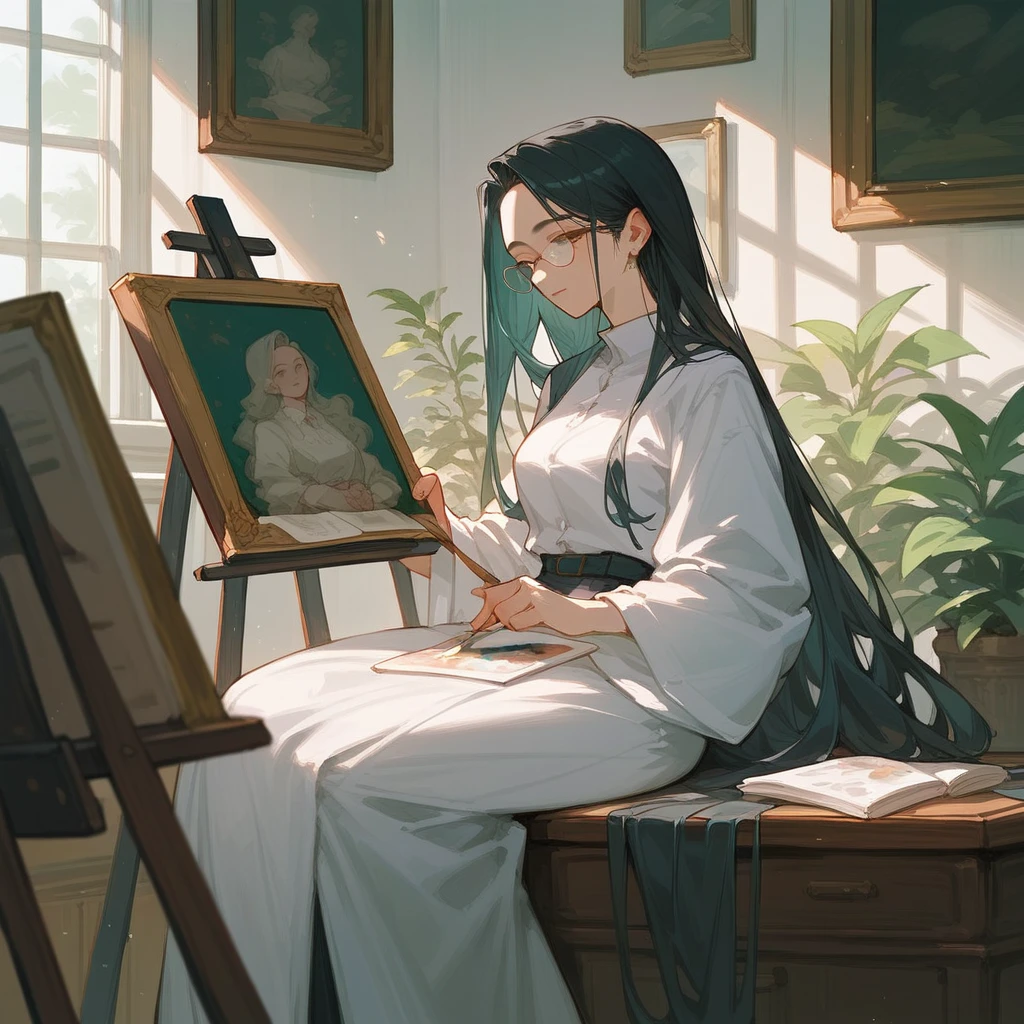 Art Teacher Details，Painting，Long hair details，Long skirts，