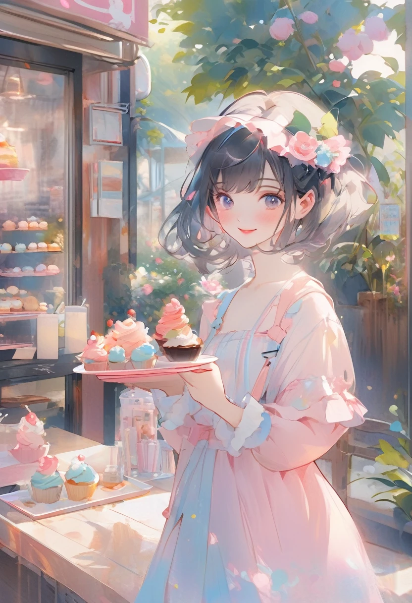 anime smiling girl in a pink dress holding a tray of cupcakes, lofi girl, guweiz, guweiz on pixiv artstation, artwork in the style of guweiz, anime visual of a cute girl, mysterious coffee shop girl, anime aesthetic, guweiz on artstation pixiv, lofi portrait, lofi girl aesthetic