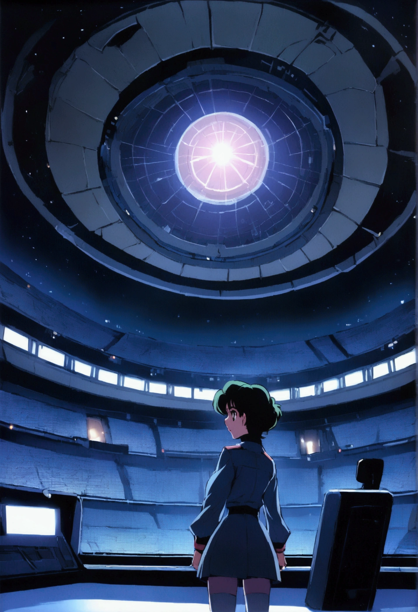 80Sci-fi anime of the 1980s,background,Stadium,Airship with advertising monitor,Searchlight,night,City