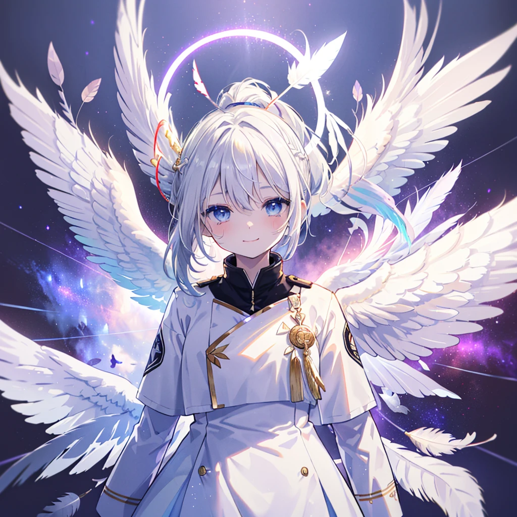 ((((Archangel、４Feathers、Angel Halo　Galaxy Background))))　(((uniform　White Hair、ponytail　White skin、Neon blue eyes、Pop stareteors)))　((Pillar of Light))　(Tears　smile)　Shining Edge、Shining Background