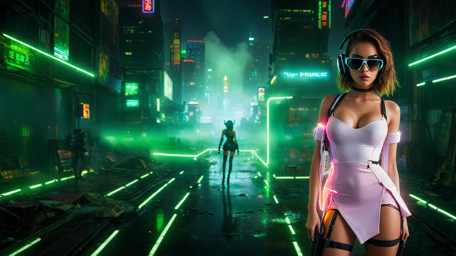 dark futuristic landscape, at night, neon lights, Atmospheric fog, large buildings in the background, futuristic city, streets with open shops, skyscraper (postapocalyptic city:1.3). (((1girl, solo, alone))), large-breast:1.2 slim body, cleavage:1.1, sexy miniskirt, (((headphone, black sunglasses, standing and holding pistol pose))), (((half-body thigh level medium shot))), cinematic lighting, lens flare, ray tracing.