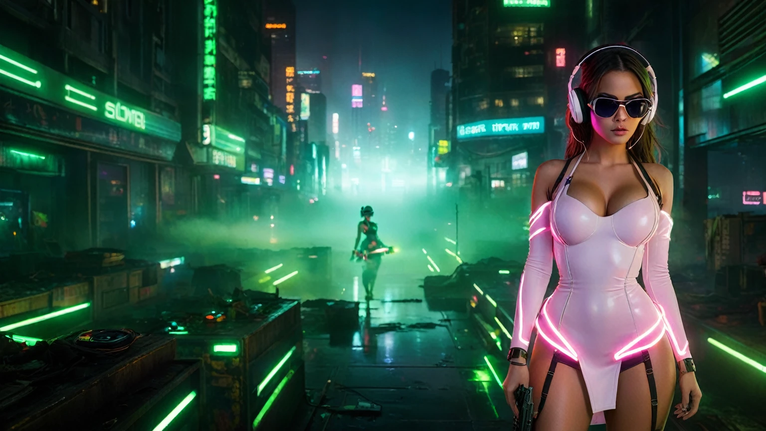 dark futuristic landscape, at night, neon lights, Atmospheric fog, large buildings in the background, futuristic city, streets with open shops, skyscraper (postapocalyptic city:1.3). (((1girl, solo, alone))), large-breast:1.2 slim body, cleavage:1.1, sexy miniskirt, (((headphone, black sunglasses, standing and holding pistol pose))), (((half-body thigh level medium shot))), cinematic lighting, lens flare, ray tracing.