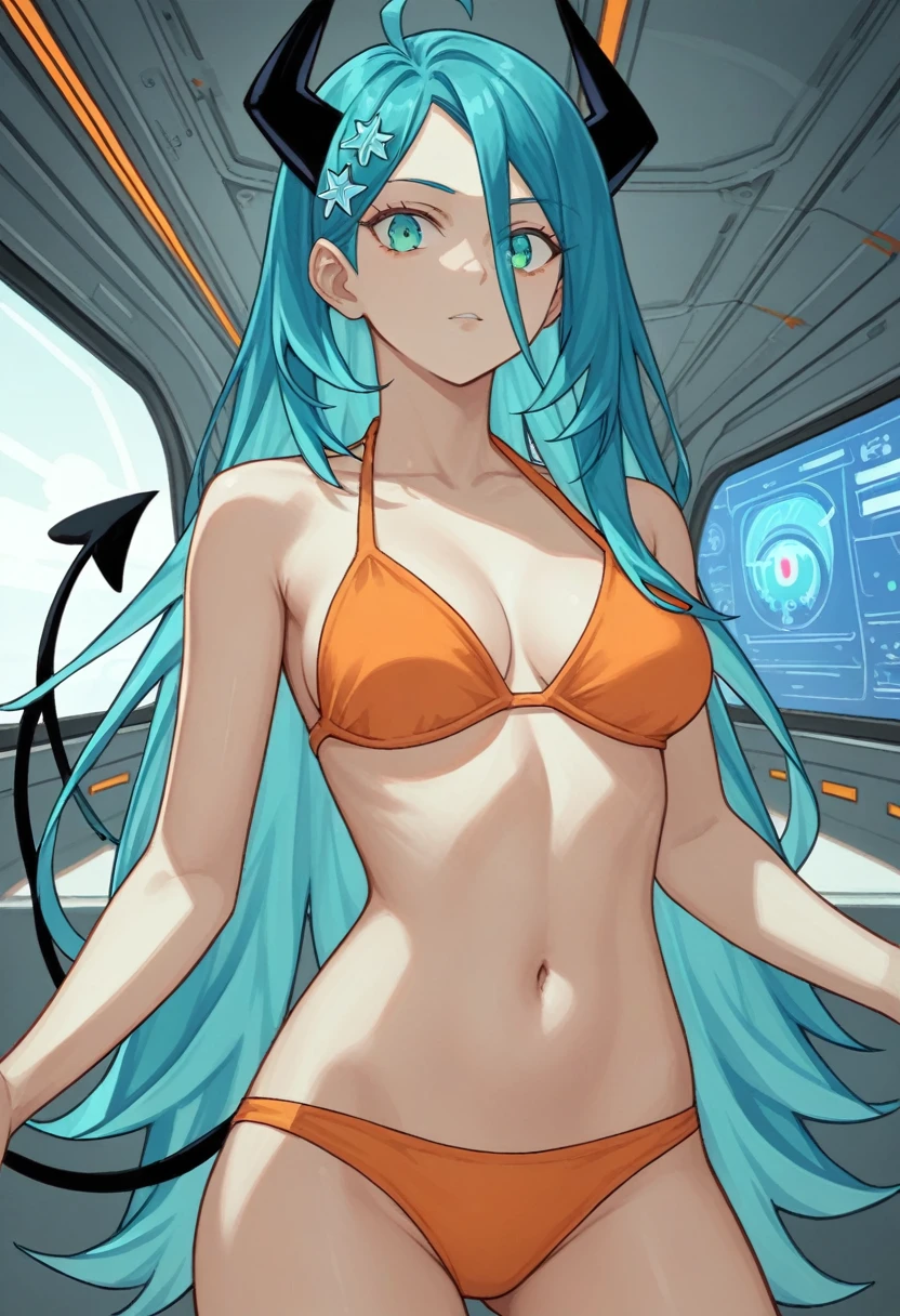 score_9, score_8_up, score_7_up,1 daemon woman, black horns, black demon tail, (aquamarine hair),aquamarine green color hair,ahoge, long hair, (long hair),bangs, light orange bikini, bikini is orange, bikini orange, orange bikini!, (aquamarine eyes), background is spaceship, aquamarine eyes, 1woman ,facing viewer, daemon girl, close up,Well-endowed, alone, Spacecraft interior, sexy pose