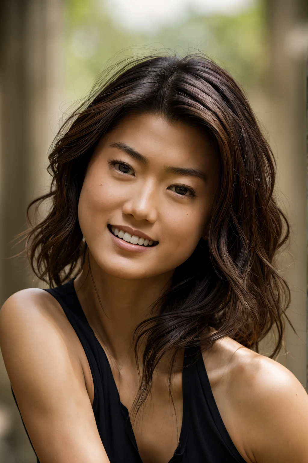 A stunning intricate color close up portrait of (sks woman:1) , Grace Park, wearing black tank top, epic character composition, sharp focus, natural lighting, subsurface scattering, f2, 35mm, film grain, , by Dominique Issermann, beautiful smile, smiling, long wavy hair, beautiful woman