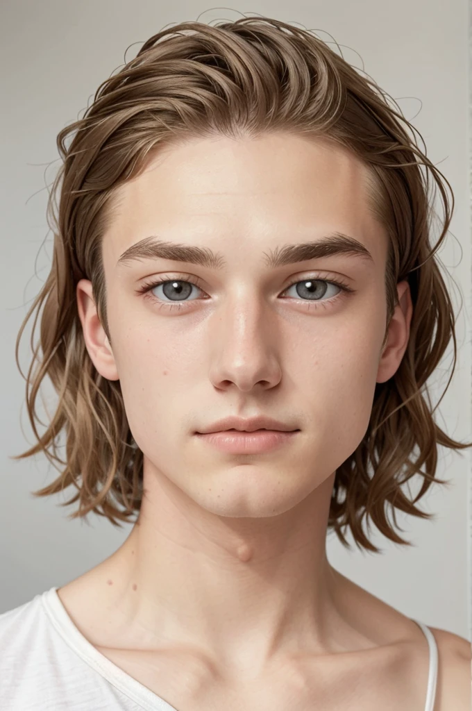 16-year-old male teenager, with very short, almost bald, wavy blonde hair, with white background, dark brown eyes, fair skin and light blonde eyebrows