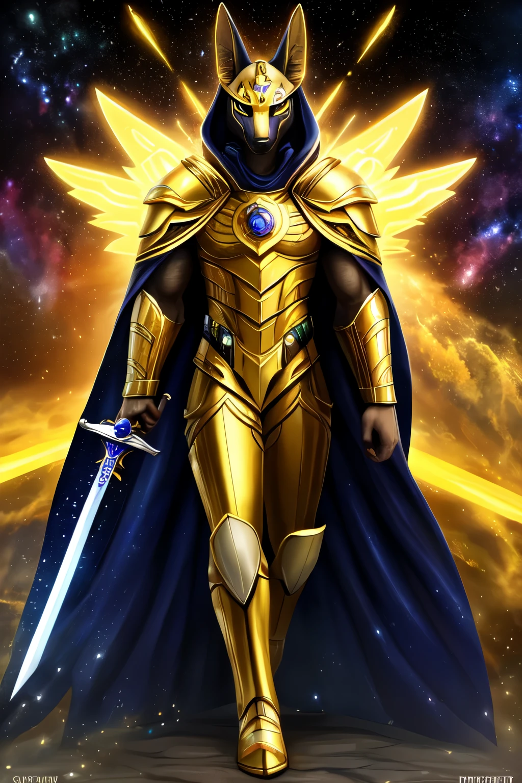 ((best quality)), ((masterpiece)), (detailed), 1 boy, rexouium, furry, full body, galaxy, yellow accessories, yellow glowing symbols, anthro, holding a sword, yellow and white armor, cape, white and yellow fur with golden decals, serious, anubis, god, glowing, epic decals