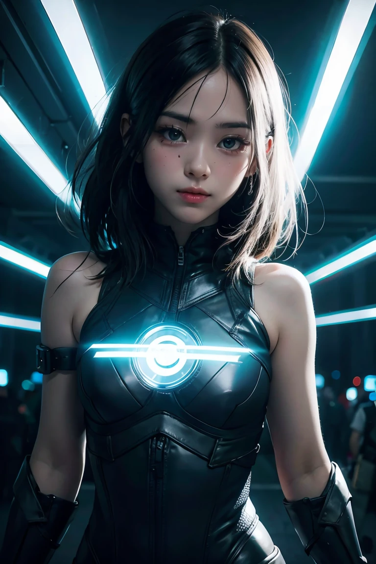 1girl, cyberpunk theme costume, blue light effect, dynamic light effect,