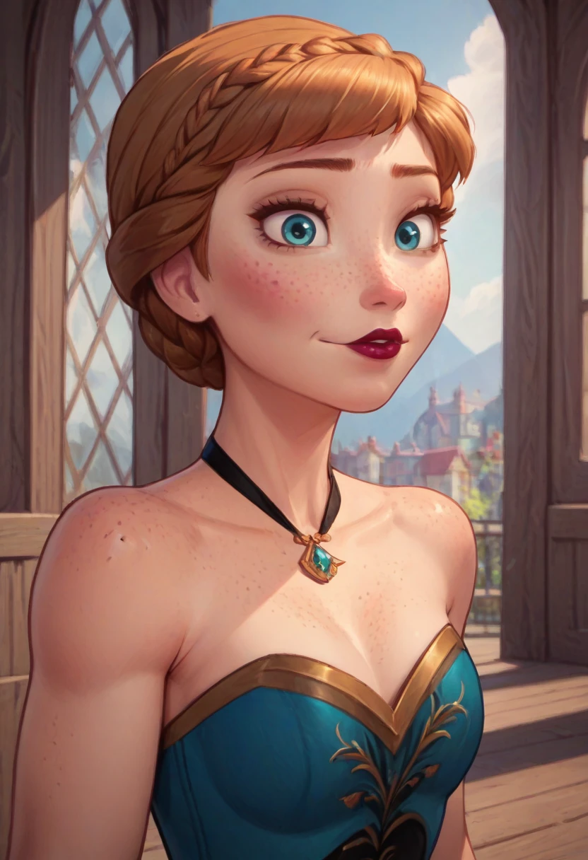 ((masterpiece, best quality)), Disney reference, (Anna), Anna grins, lipstick, freckles on face, upper body: bare shoulders, skinny 