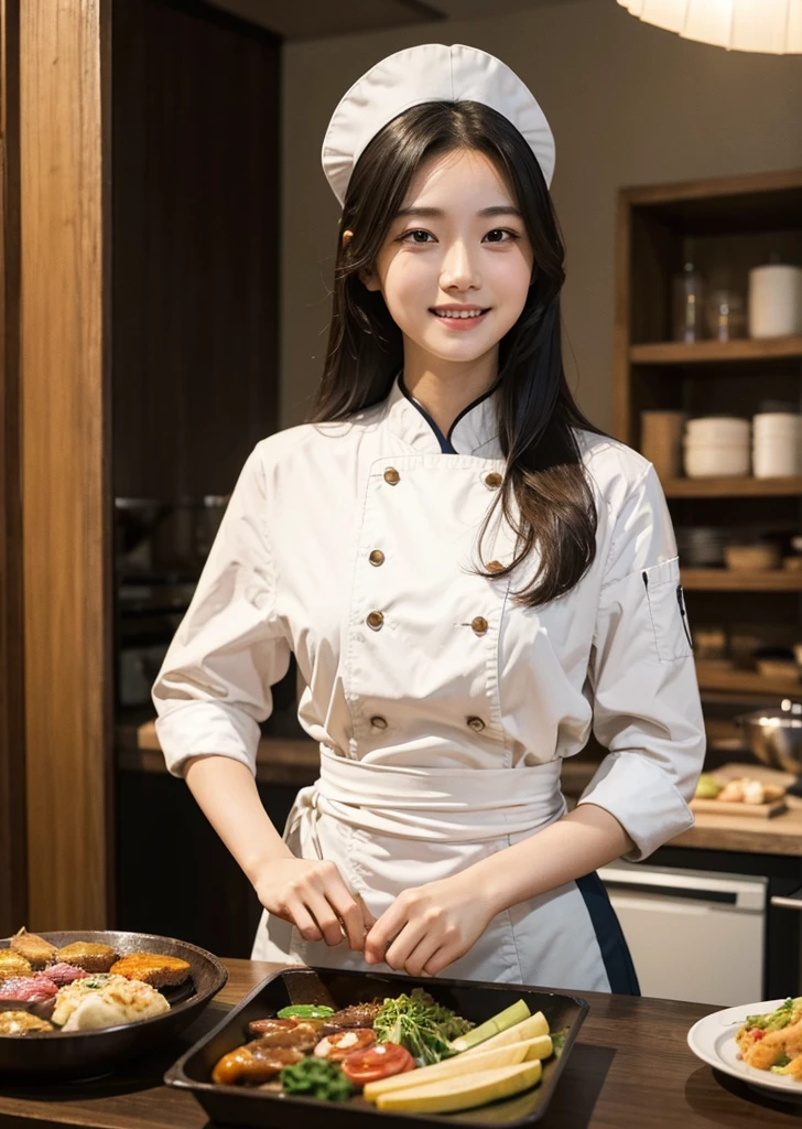 Diffuse lighting、 Highest quality, High resolution, unity 8k wallpaper、Supersaturation, Japanese、1 female、23 years old、Highest quality、8k、超High resolution、Clear photos、Professional Lighting、adult、Long Hair、smile、Ultra slim、Tight waist、Slender body、Restaurant chef、Cooking a dish、French cuisine、Mr. Cook、Upper body close-up、
