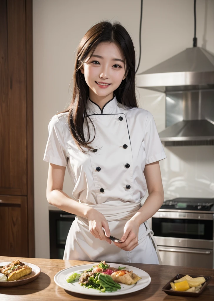 Diffuse lighting、 Highest quality, High resolution, unity 8k wallpaper、Supersaturation, Japanese、1 female、23 years old、Highest quality、8k、超High resolution、Clear photos、Professional Lighting、adult、Long Hair、smile、Ultra slim、Tight waist、Slender body、Restaurant chef、Cooking a dish、French cuisine、Mr. Cook、Upper body close-up、