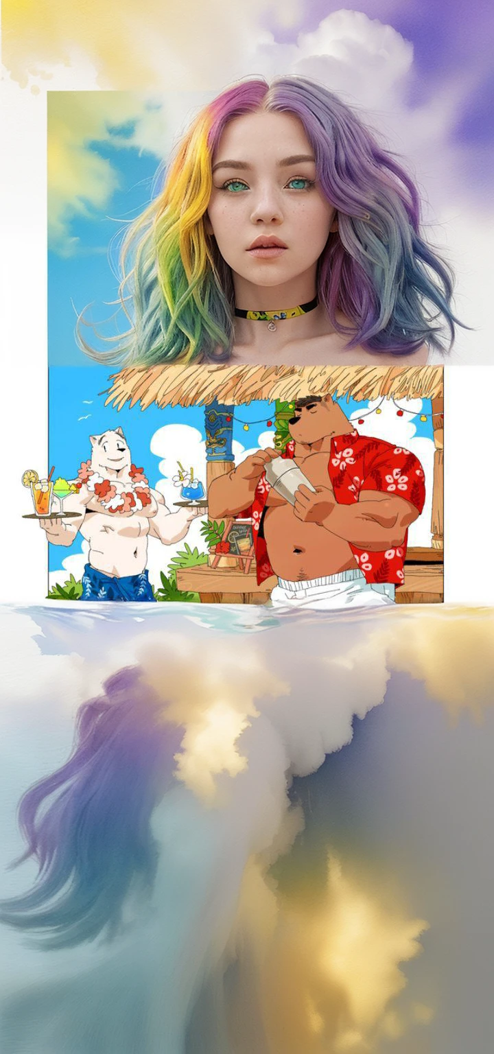 1.5),(1 girl),(dynamic pose),(multicolored hair+silver hair:1.3+red hair:1.2+purple hair+yellow hair:1.3+green hair:1.3),(blue eyes),(neck ribbon),(floating),(cloud),(too many drops of water),(twilight),(watercolor),(wide shot)