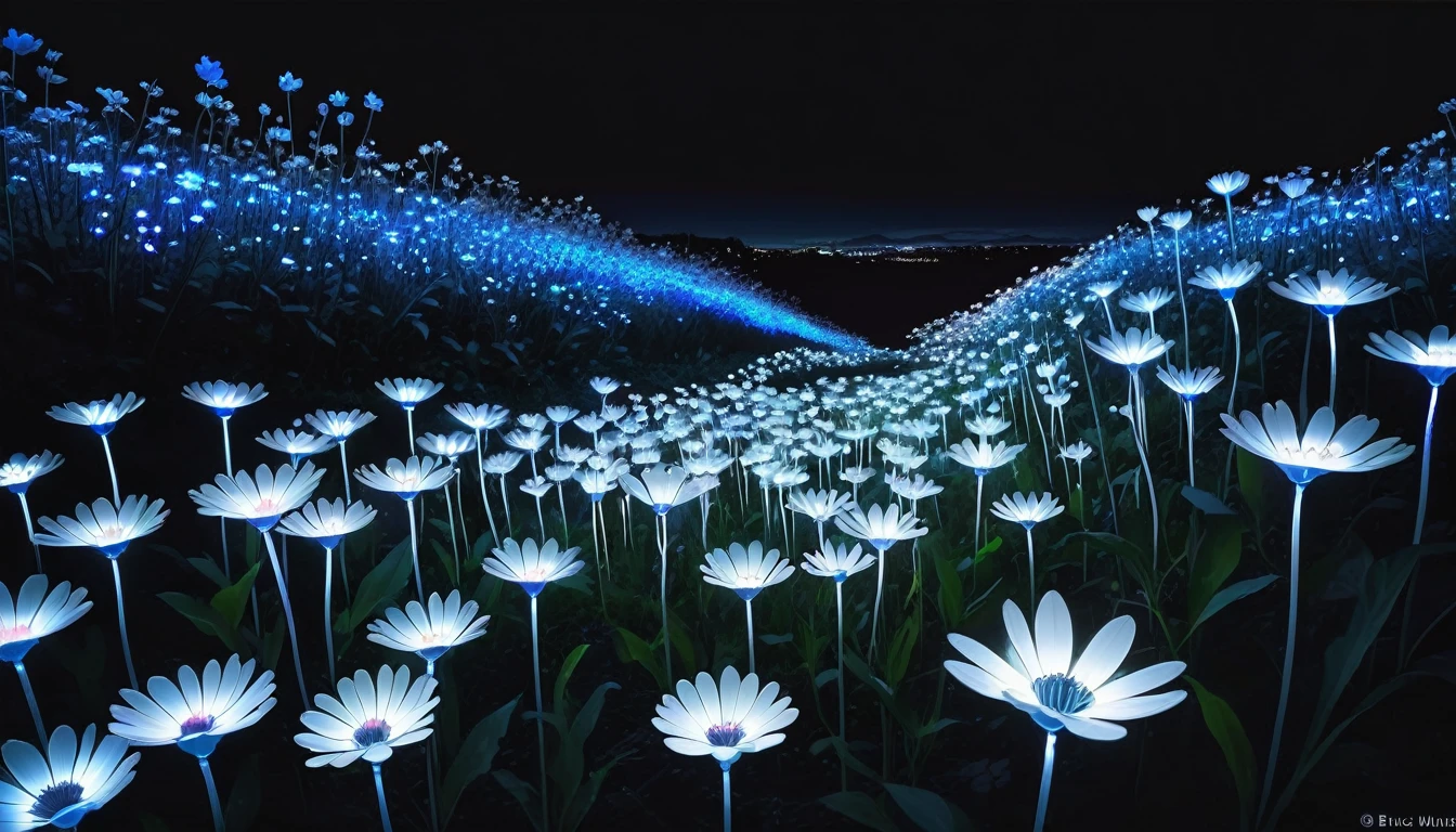 there are many white flowers in the dark with a black background, digital art by Bruce Munro, flickr, conceptual art, glowing flowers, luminous flowers, beautiful blue lights, glowing blue, bioluminescent plants, night sky full of flowers, blues. beautiful, ethereal blue lighting, blue lights, field of flowers at night, blue flowers