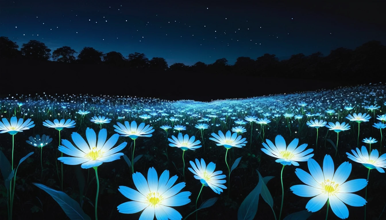 there are many white flowers in the dark with a black background, digital art by Bruce Munro, flickr, conceptual art, glowing flowers, luminous flowers, beautiful blue lights, glowing blue, bioluminescent plants, night sky full of flowers, blues. beautiful, ethereal blue lighting, blue lights, field of flowers at night, blue flowers