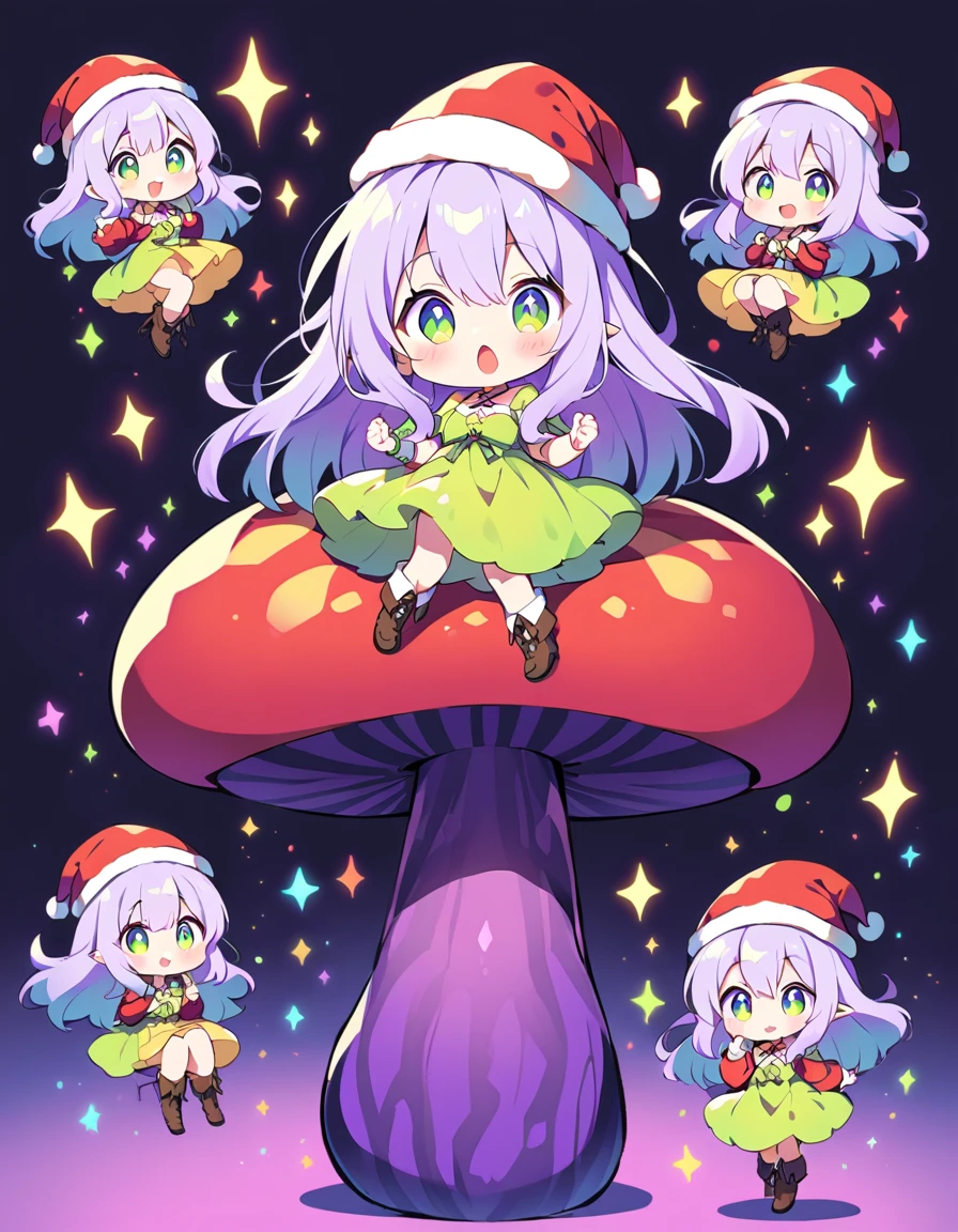 Fairy Girl、Three years old、Villain、Light purple long hair、big eyes of light green color、Yellow simple dress、Boots、Red Santa Hat、Jumping energetically on a round mushroom、