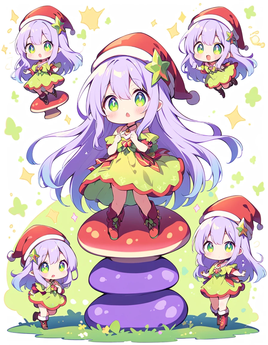 Fairy Girl、Three years old、Villain、Light purple long hair、big eyes of light green color、Yellow simple dress、Boots、Red Santa Hat、Jumping energetically on a round mushroom、