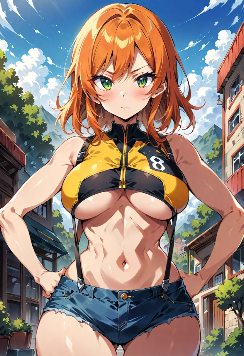 (score_9, score_8_up, score_7_up), ((best quality, masterpiece)),perfect anatomy,aesthetic,very aesthetic,official style,intricate.hyper-detailed, (ultra-high resolution),source_anime.from front,(front view),breast focus:1.5 ,standing,hands on own hips, (mature) ,1girl, Outdoor, Green Eyes, Orange Hair, , Yellow Shirt, Sleeveless shirt,((stomach)), Denim shorts, suspenders, , (slender), under_boob,,Pokémon style,