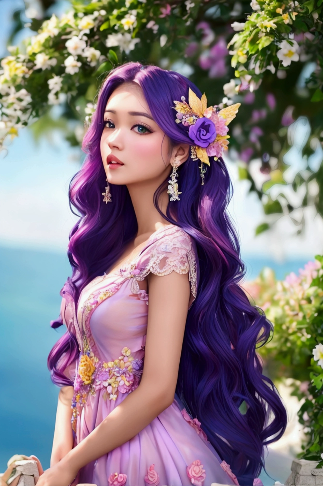 high resolution、High resolution、Beautiful woman staring into the distance、Facial expressions staring at the person you like、Princess、Dress up in a gorgeous dress、Gorgeous lace dress、Gorgeous hair ornament、Blue Pink Purple Yellow Long Hair、Long hair fluttering in the wind、Pink lips、
