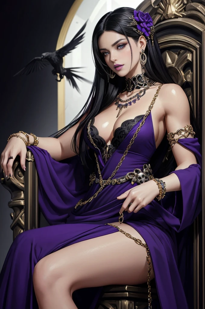 ( Masterpiece, 4k resolution, ultra-realistic, very detailed) a beautiful sexy evil woman with raven black hair, purple eyes, dark purple lips, golden hula hoop earings, a demonic skull necklece reveling dark blue dress with purple insides, sleeveless, with an opening on the chest and abdomen, dark blue boots, small chains accessories on her arms, black ring bracelets on her wrists (she is siting on a throne of skulls) full body in the style of realism, glistening skin, , natural lighting, Defined full lips. fitness feminine body. portrait photography by artgerm, in the style of realism, glistening skin, , natural lighting, Defined full lips. Muscular fitness feminine body,